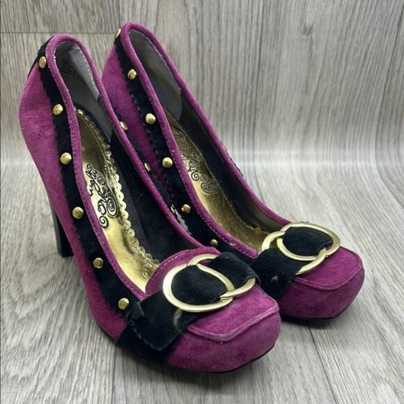 Naughty Monkey Pink Suede Heels with Black Trim - Picture 1 of 12
